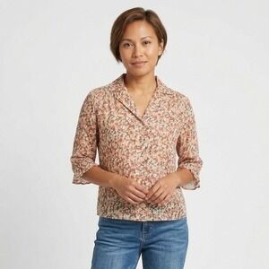 J.Jill Womens 2P Petite Floral Button Down Blouse Smocked 3/4 Sleeve Cottagecore